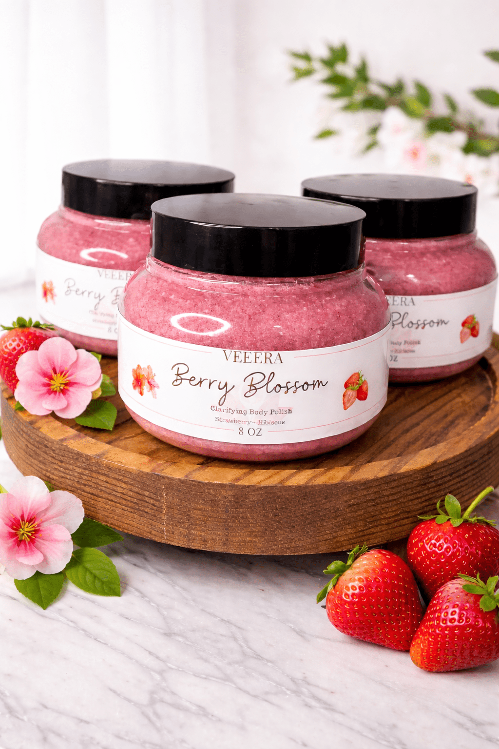 Berry Blossom clarifying body scrub with hibiscus and tea tree oil