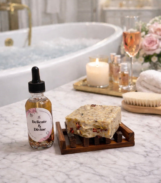 Delicate & Divine yoni soap and botanical yoni oil care set by VeeÉra